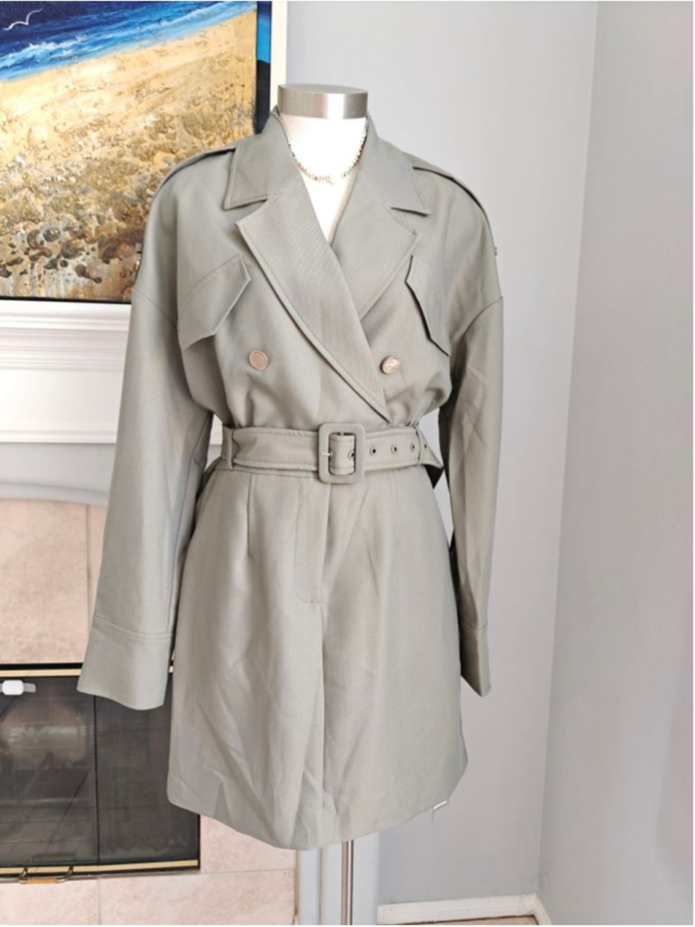 NWT Sage Green Trench Coat Dress Belted Double-Breasted Mini Dress S-M